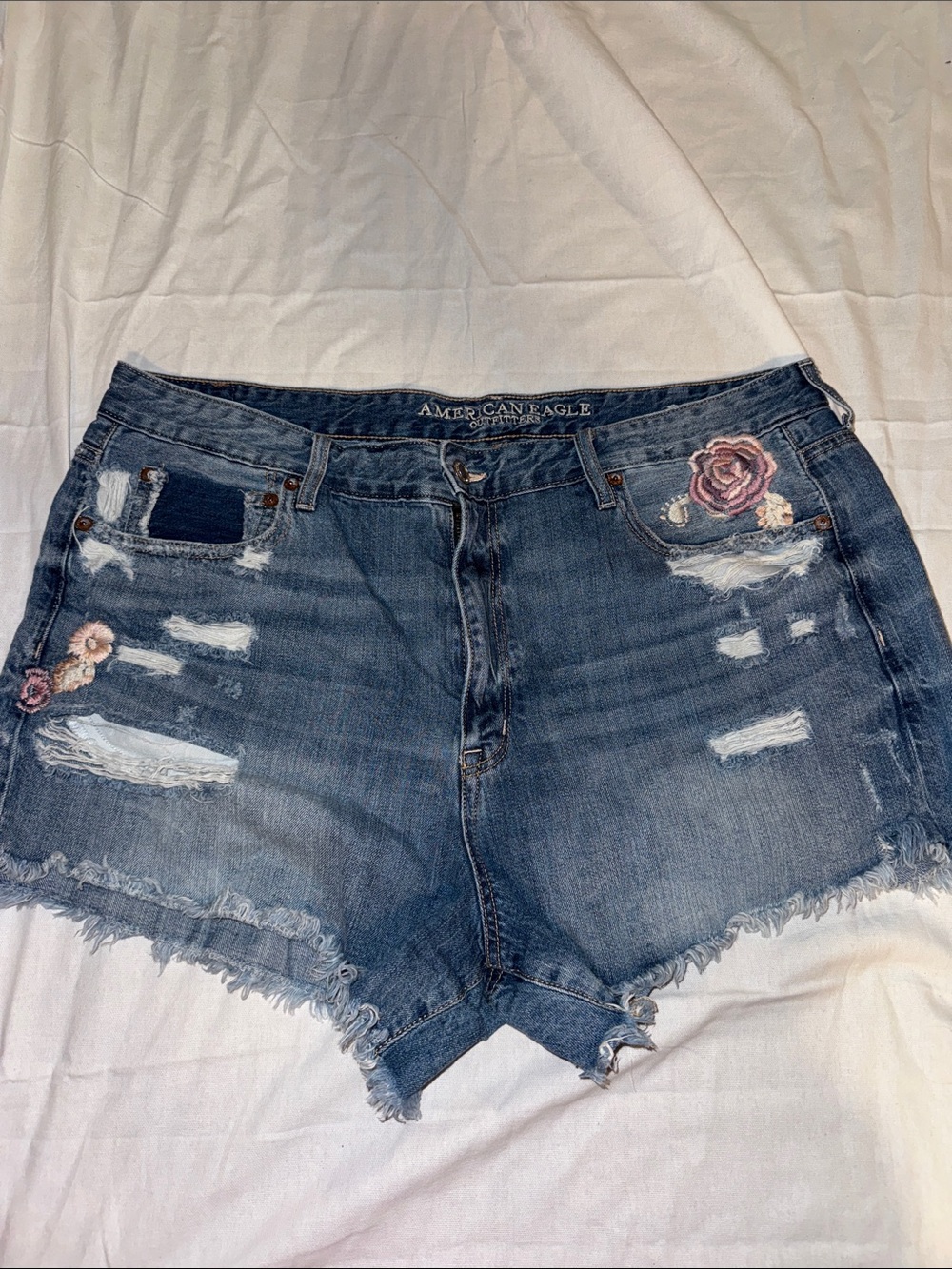 American Eagle Outfitters Blue Embroidered Distressed Denim Shorts